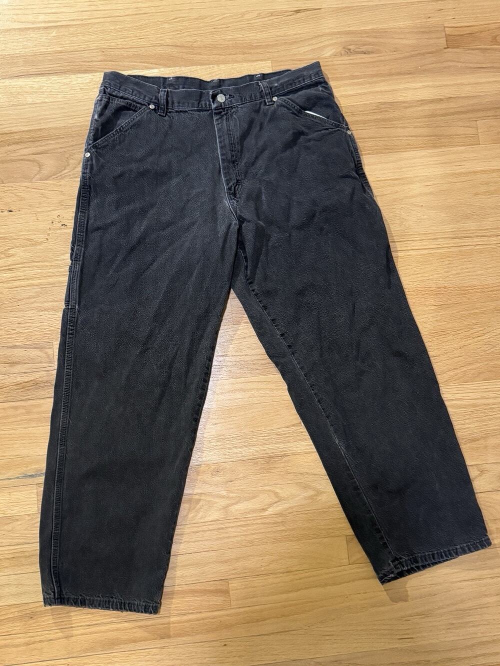 Vintage Wrangler Hero Black Denim Carpenter Pants Faded Workwear Actual 34x27